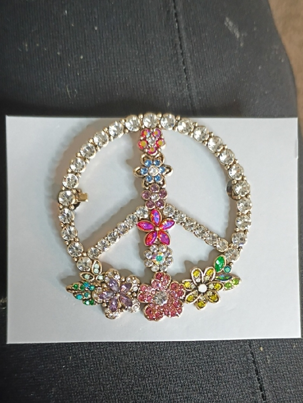 Source Unknown Multicolor Crystal Peace Sign Brooch with Floral Accents